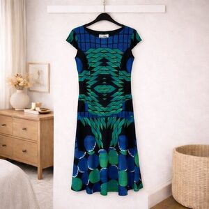 Joseph Ribkoff Abstract Fit & Flare Cap Sleeve Blue Green Black Size 4